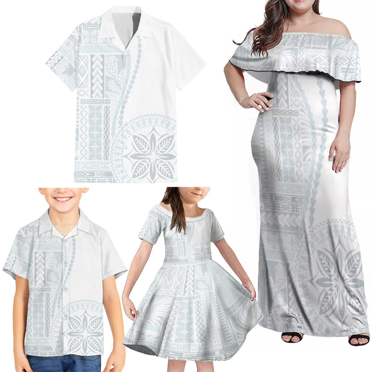 Samoa White Sunday Family Matching Off Shoulder Maxi Dress and Hawaiian Shirt Classic Siapo Style LT7 - Polynesian Pride