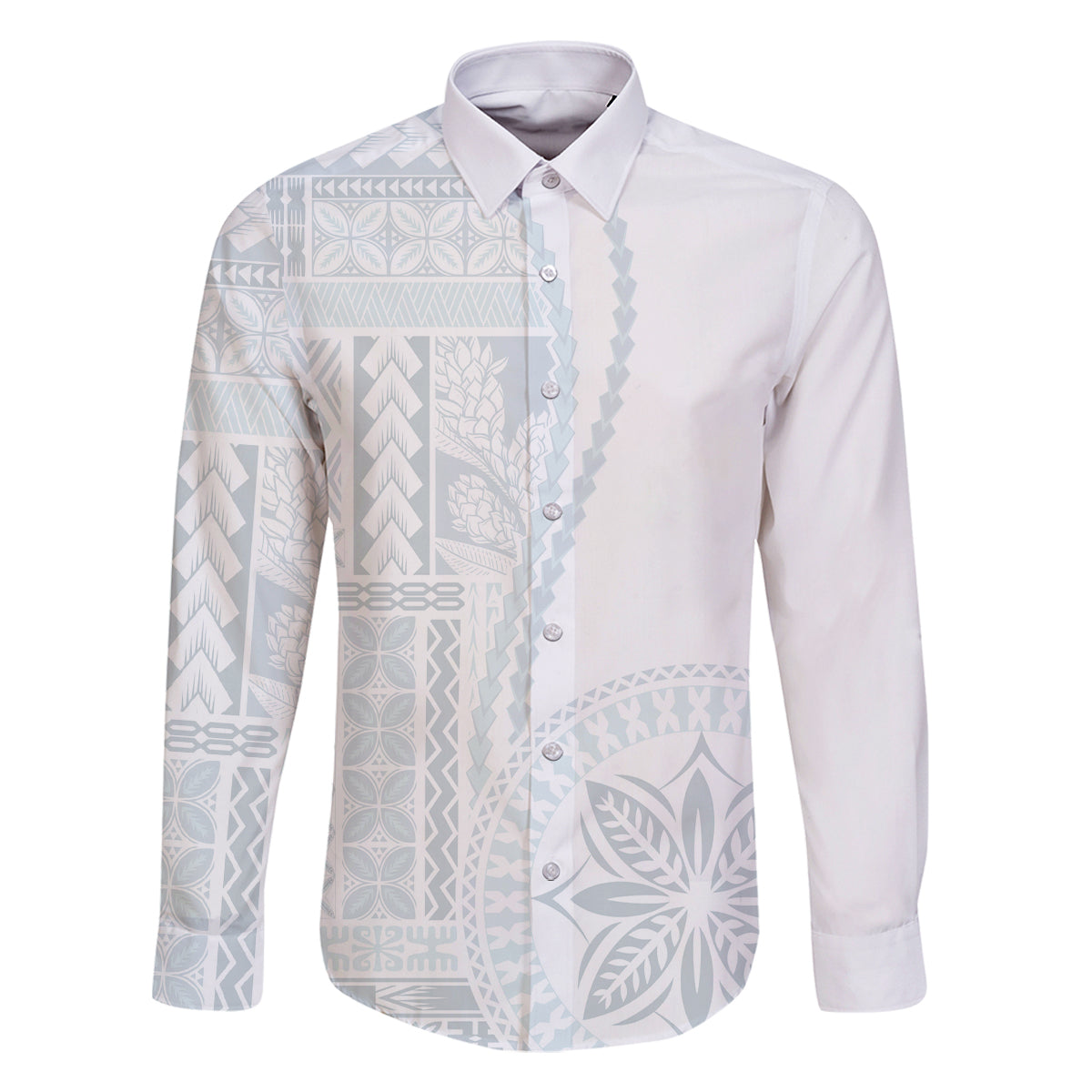 Samoa White Sunday Family Matching Off Shoulder Short Dress and Hawaiian Shirt Classic Siapo Style LT7 Dad's Shirt - Long Sleeve White - Polynesian Pride