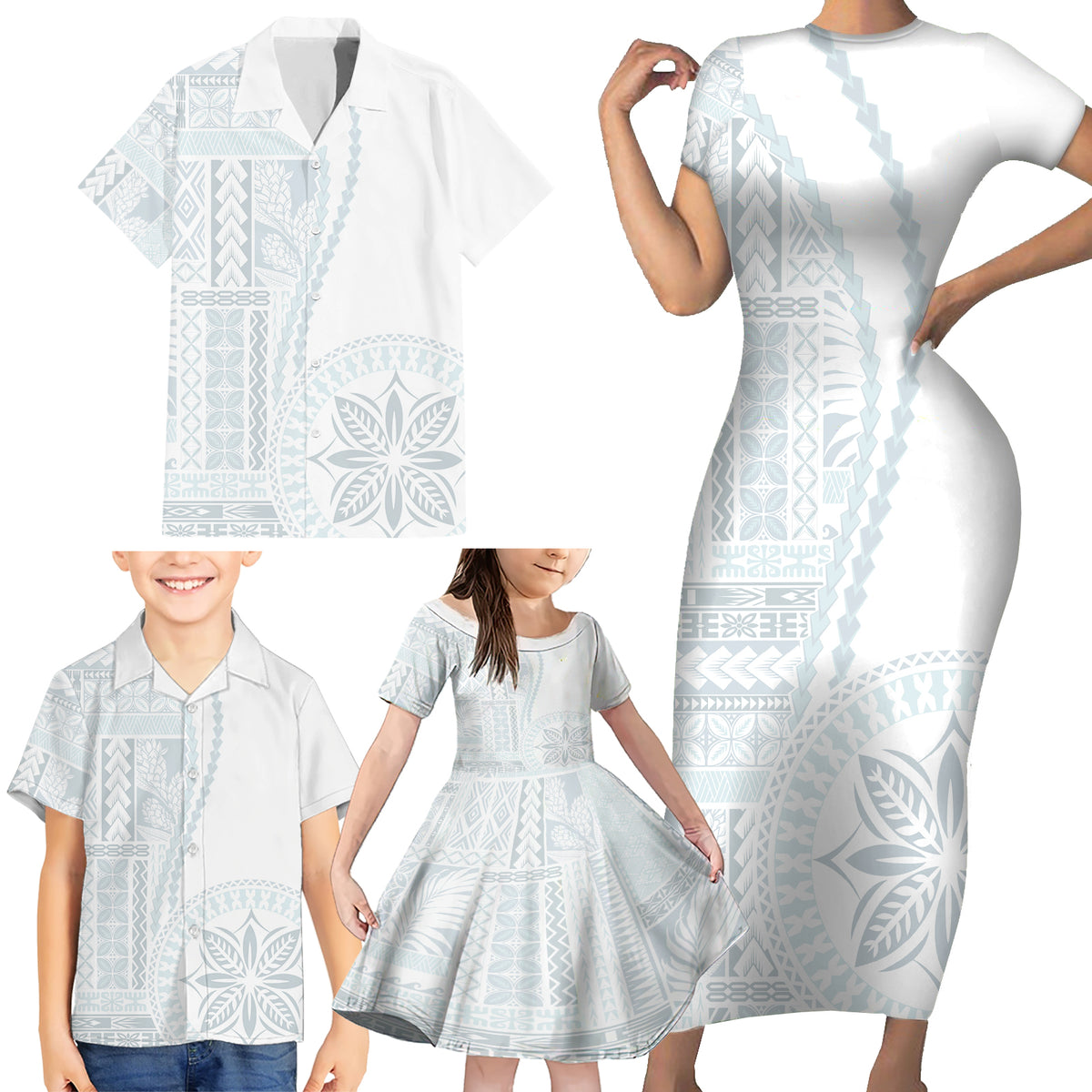 Samoa White Sunday Family Matching Short Sleeve Bodycon Dress and Hawaiian Shirt Classic Siapo Style LT7 - Polynesian Pride