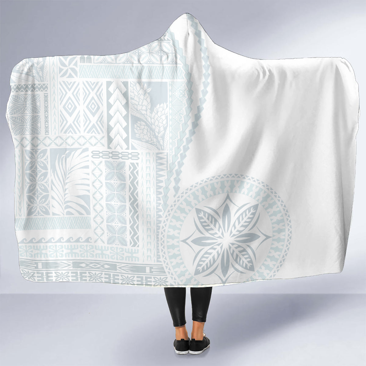Samoa White Sunday Hooded Blanket Classic Siapo Style LT7 - Polynesian Pride