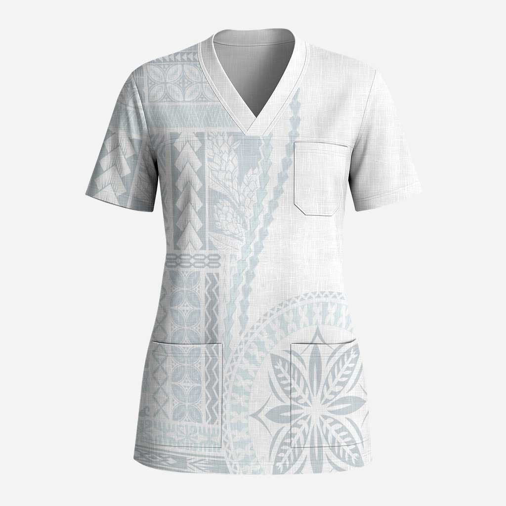 Samoa White Sunday Scrub Top Classic Siapo Style - Polynesian Pride