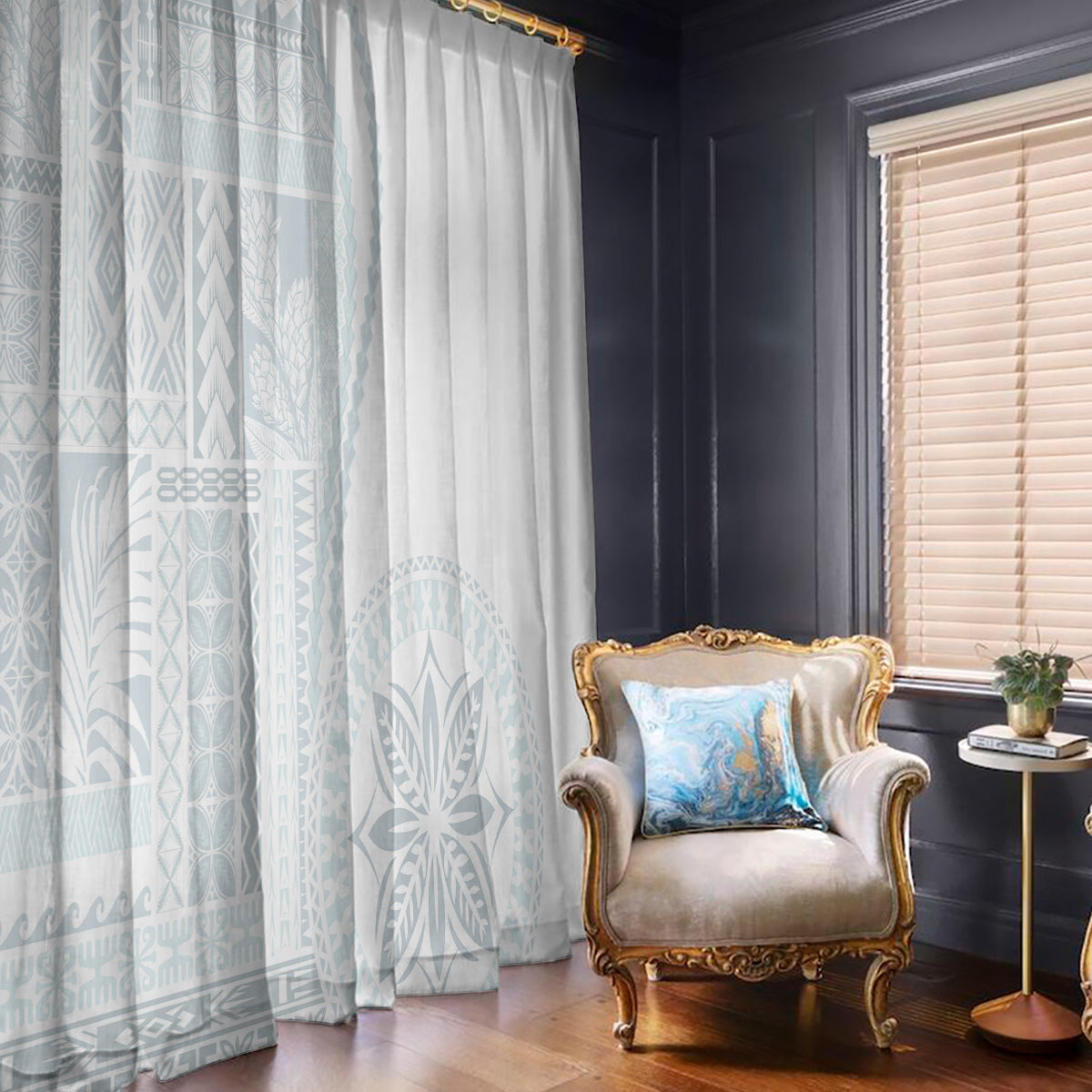 Samoa White Sunday Window Curtain Classic Siapo Style LT7 - Polynesian Pride