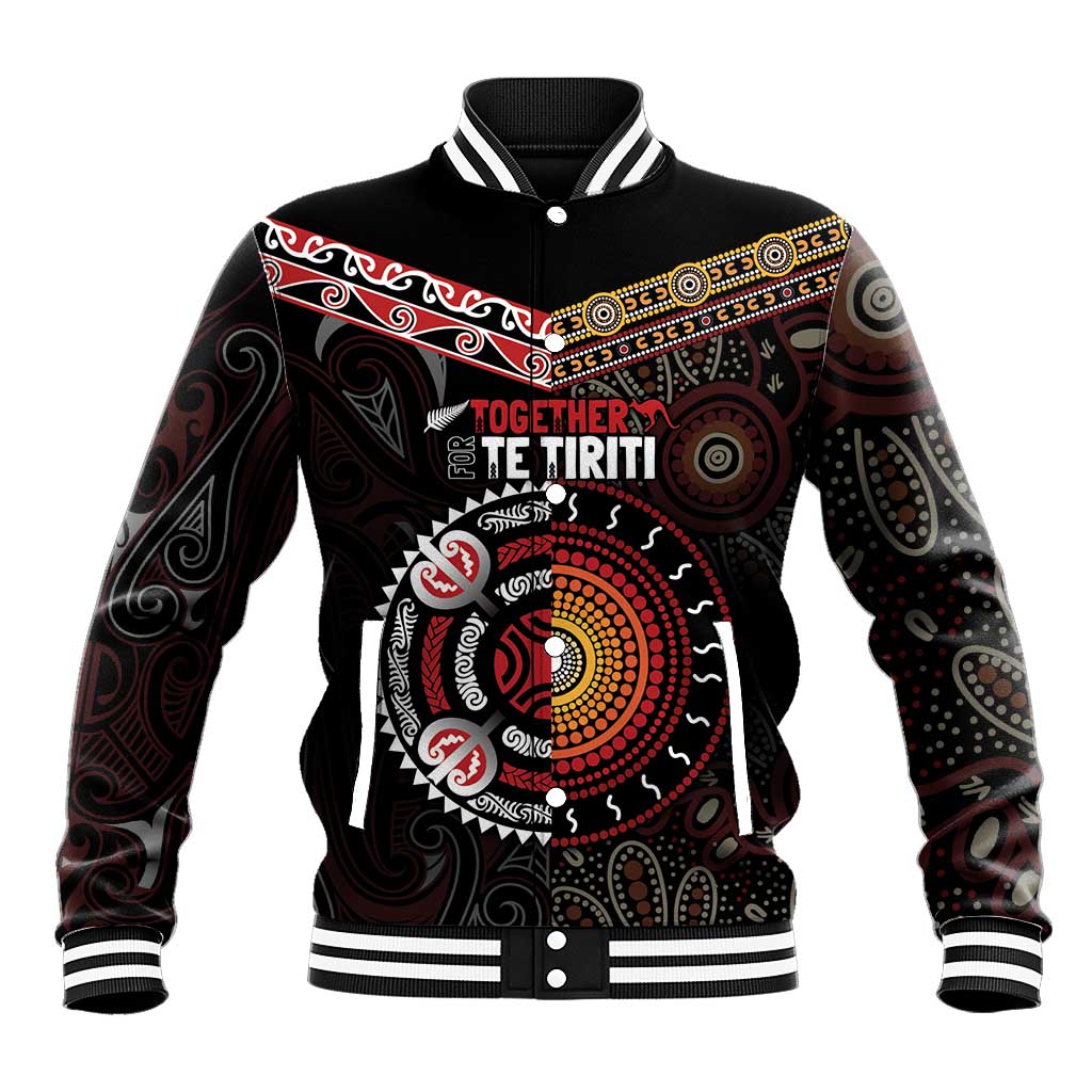 Aotearoa and Australia Indigenous Baseball Jacket Stand Together For Te Tiriti LT7 Unisex Black - Polynesian Pride