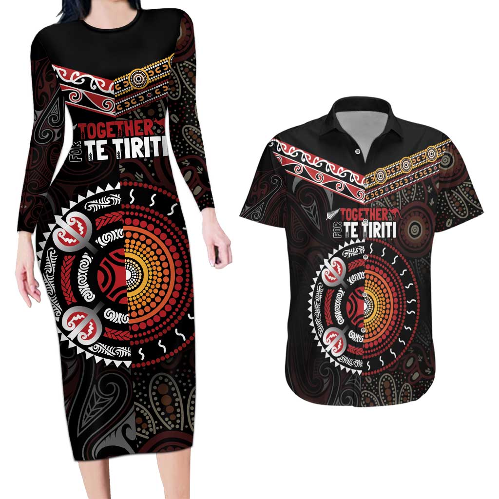 Aotearoa and Australia Indigenous Couples Matching Long Sleeve Bodycon Dress and Hawaiian Shirt Stand Together For Te Tiriti LT7 Black - Polynesian Pride
