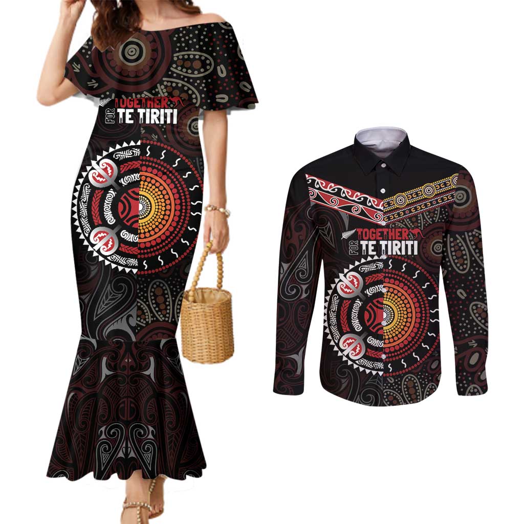 Aotearoa and Australia Indigenous Couples Matching Mermaid Dress and Long Sleeve Button Shirt Stand Together For Te Tiriti