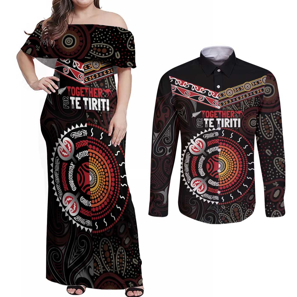 Aotearoa and Australia Indigenous Couples Matching Off Shoulder Maxi Dress and Long Sleeve Button Shirt Stand Together For Te Tiriti