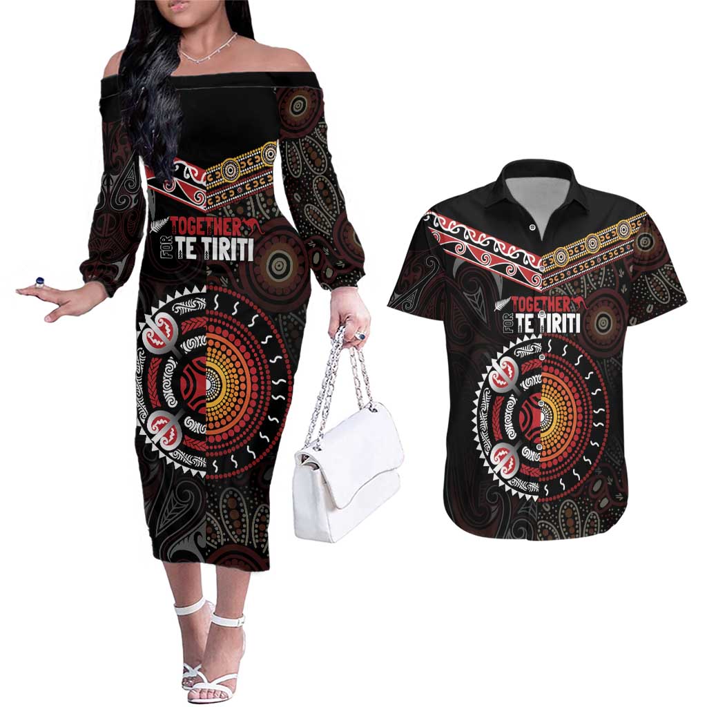 Aotearoa and Australia Indigenous Couples Matching Off The Shoulder Long Sleeve Dress and Hawaiian Shirt Stand Together For Te Tiriti