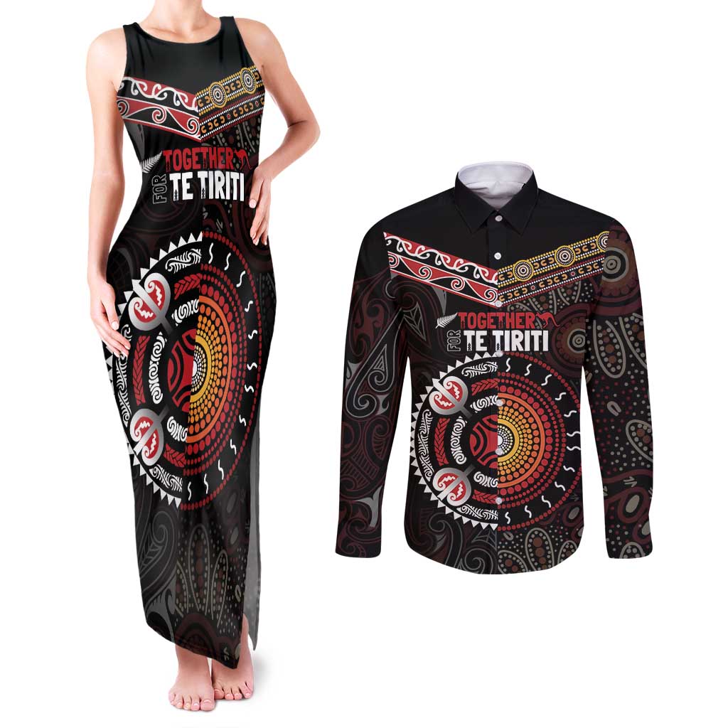 Aotearoa and Australia Indigenous Couples Matching Tank Maxi Dress and Long Sleeve Button Shirt Stand Together For Te Tiriti