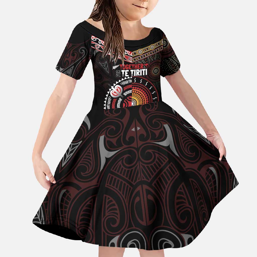 Aotearoa and Australia Indigenous Family Matching Mermaid Dress and Hawaiian Shirt Stand Together For Te Tiriti LT7 Daughter's Dress Black - Polynesian Pride