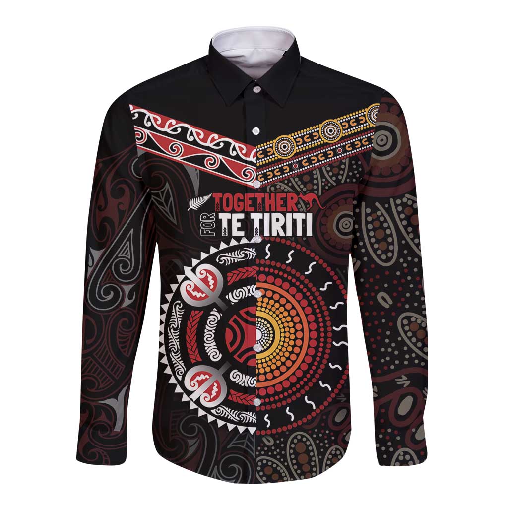Aotearoa and Australia Indigenous Long Sleeve Button Shirt Stand Together For Te Tiriti LT7 Unisex Black - Polynesian Pride