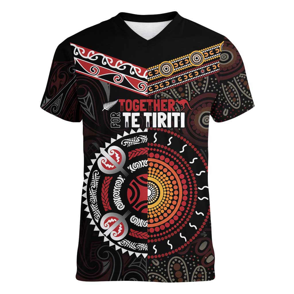 Aotearoa and Australia Indigenous Women V-Neck T-Shirt Stand Together For Te Tiriti LT7 Female Black - Polynesian Pride