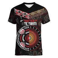 Aotearoa and Australia Indigenous Women V-Neck T-Shirt Stand Together For Te Tiriti LT7 Female Black - Polynesian Pride