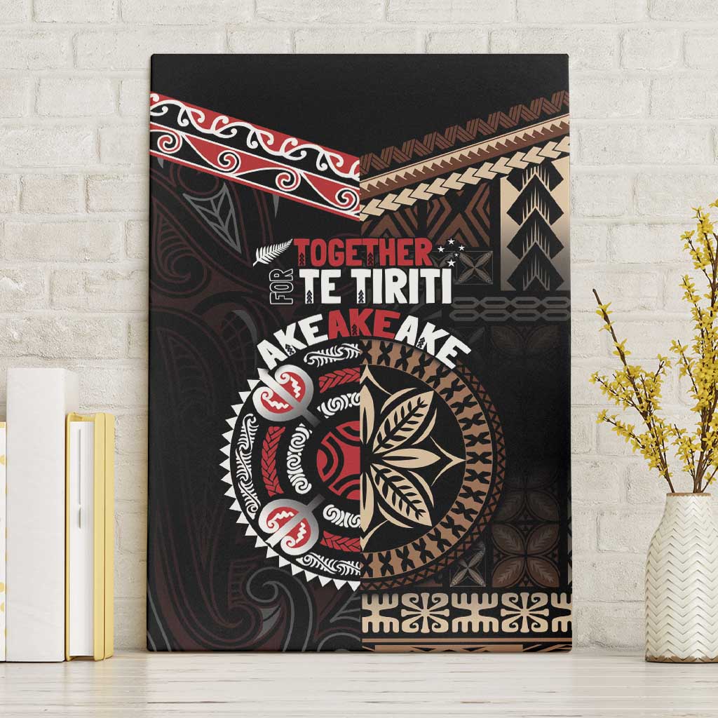 Aotearoa and Samoa Together For Te Tiriti Canvas Wall Art Kowhaiwhai Mix Siapo LT7 Without Frame Black - Polynesian Pride