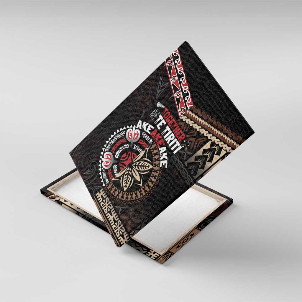 Aotearoa and Samoa Together For Te Tiriti Canvas Wall Art Kowhaiwhai Mix Siapo LT7 With Frame Black - Polynesian Pride