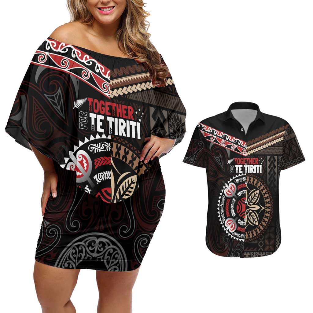 Aotearoa and Samoa Together For Te Tiriti Couples Matching Off Shoulder Short Dress and Hawaiian Shirt Kowhaiwhai Mix Siapo