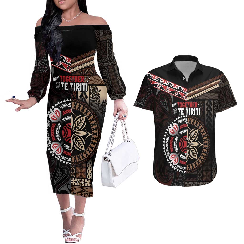Aotearoa and Samoa Together For Te Tiriti Couples Matching Off The Shoulder Long Sleeve Dress and Hawaiian Shirt Kowhaiwhai Mix Siapo