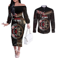 Aotearoa and Samoa Together For Te Tiriti Couples Matching Off The Shoulder Long Sleeve Dress and Long Sleeve Button Shirt Kowhaiwhai Mix Siapo