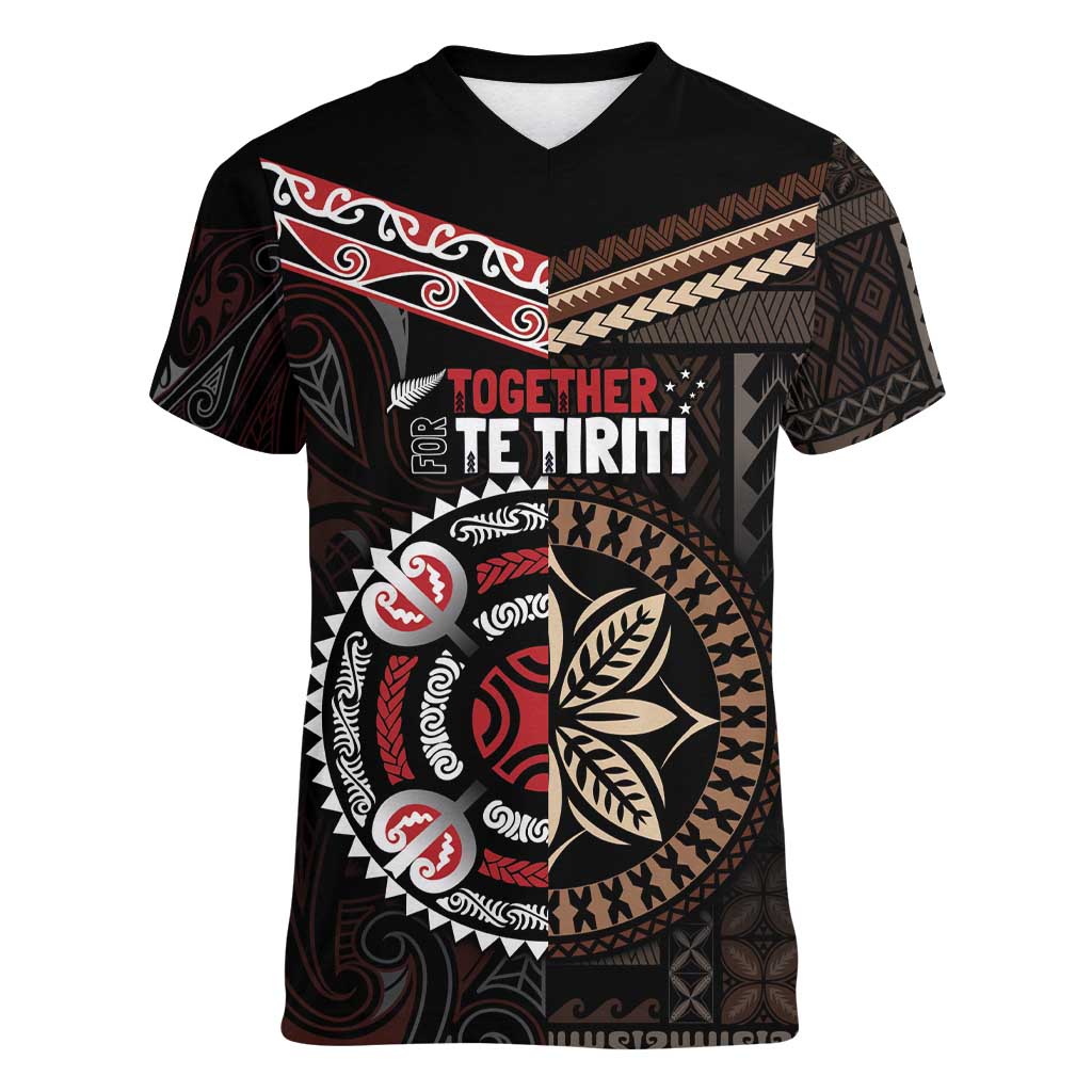 Aotearoa and Samoa Together For Te Tiriti Women V-Neck T-Shirt Kowhaiwhai Mix Siapo LT7 Female Black - Polynesian Pride