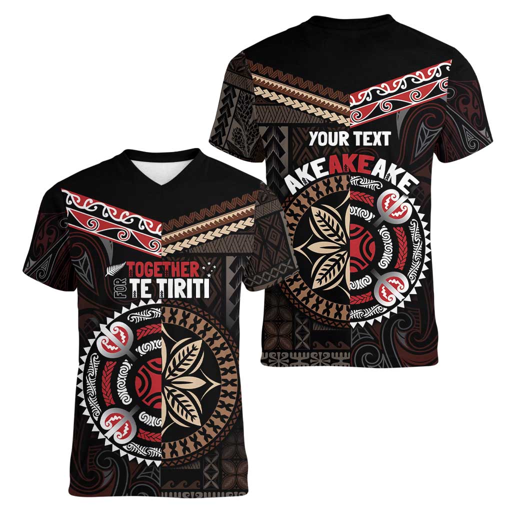 Aotearoa and Samoa Together For Te Tiriti Women V-Neck T-Shirt Kowhaiwhai Mix Siapo LT7 - Polynesian Pride