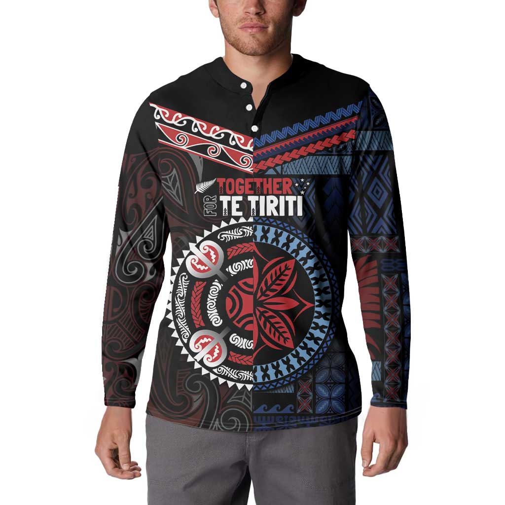 Aotearoa and Samoa Together For Te Tiriti Button Sweatshirt Kowhaiwhai Mix Siapo - Flag Color