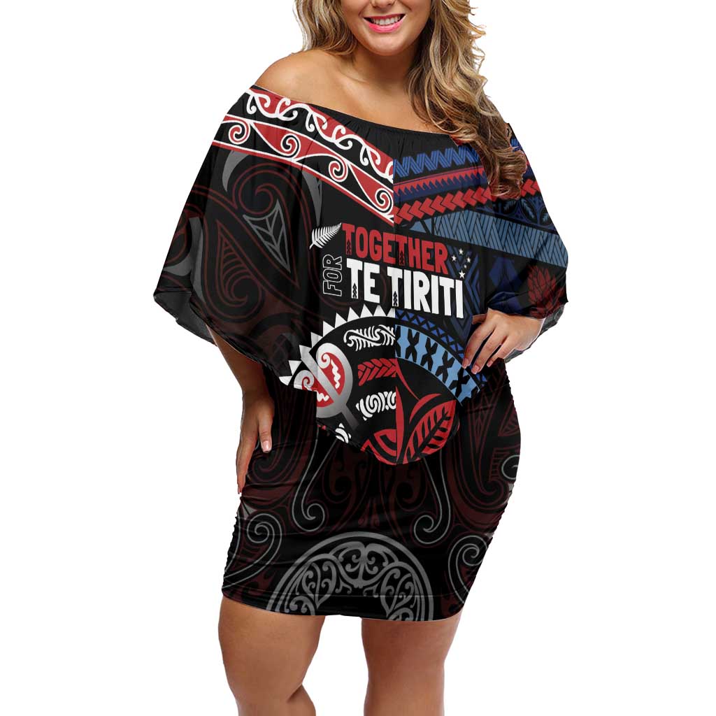 Aotearoa and Samoa Together For Te Tiriti Off Shoulder Short Dress Kowhaiwhai Mix Siapo - Flag Color