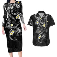 Polynesia Tribal Couples Matching Long Sleeve Bodycon Dress and Hawaiian Shirt Tentacles Plumeria LT7 Black - Polynesian Pride