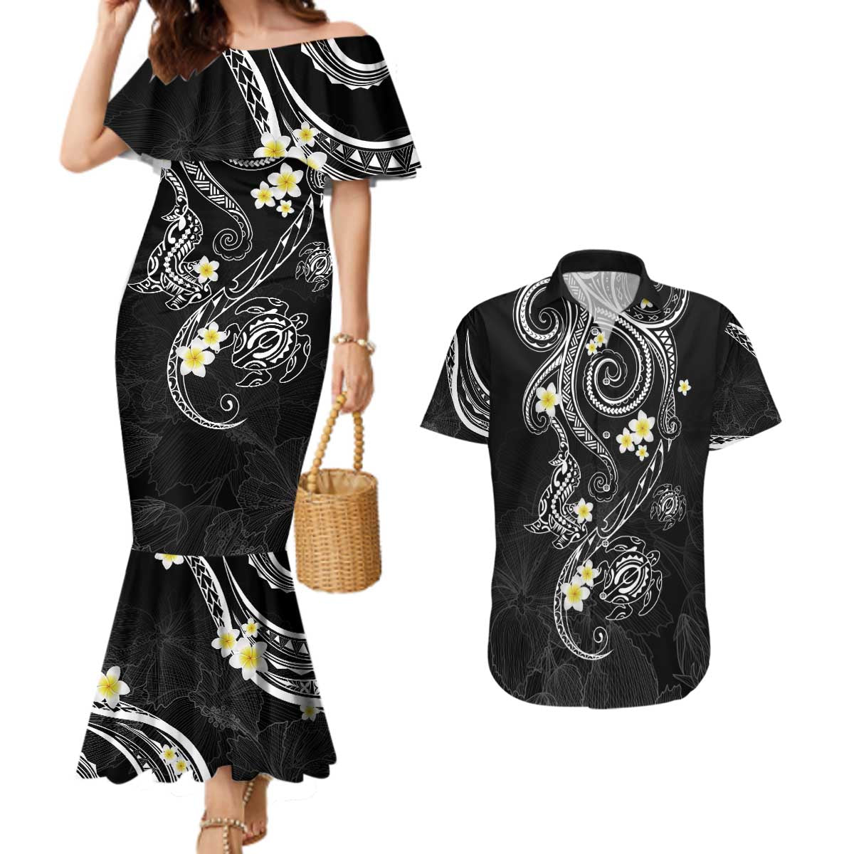 Polynesia Tribal Couples Matching Mermaid Dress and Hawaiian Shirt Tentacles Plumeria LT7 Black - Polynesian Pride