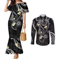 Polynesia Tribal Couples Matching Mermaid Dress and Long Sleeve Button Shirt Tentacles Plumeria