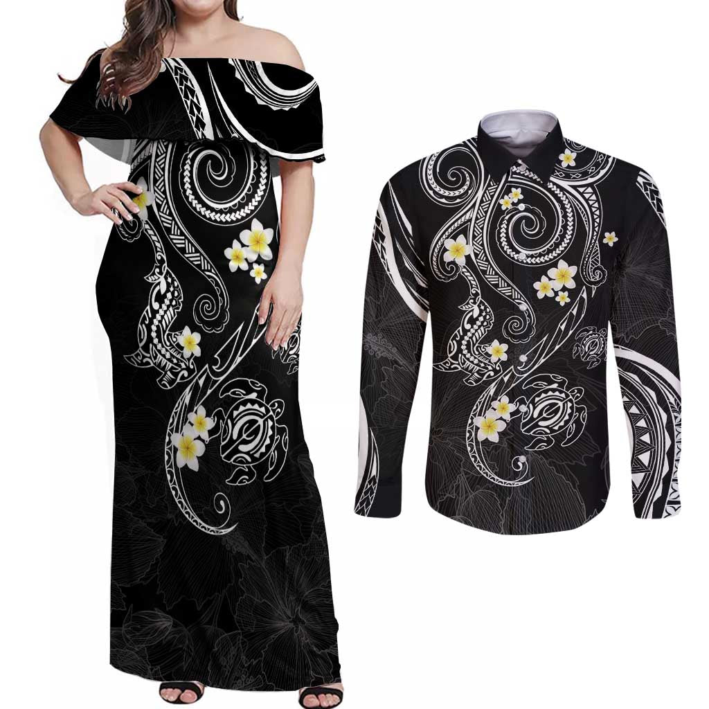 Polynesia Tribal Couples Matching Off Shoulder Maxi Dress and Long Sleeve Button Shirt Tentacles Plumeria