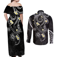 Polynesia Tribal Couples Matching Off Shoulder Maxi Dress and Long Sleeve Button Shirt Tentacles Plumeria