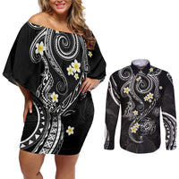 Polynesia Tribal Couples Matching Off Shoulder Short Dress and Long Sleeve Button Shirt Tentacles Plumeria