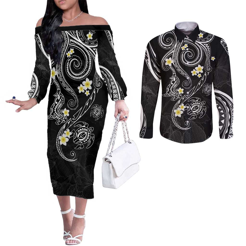 Polynesia Tribal Couples Matching Off The Shoulder Long Sleeve Dress and Long Sleeve Button Shirt Tentacles Plumeria