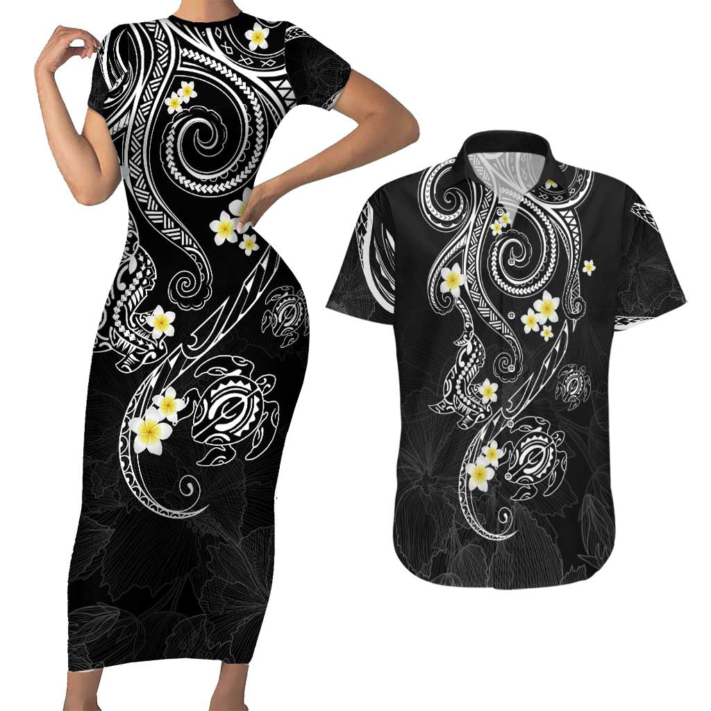 Polynesia Tribal Couples Matching Short Sleeve Bodycon Dress and Hawaiian Shirt Tentacles Plumeria LT7 Black - Polynesian Pride