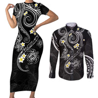 Polynesia Tribal Couples Matching Short Sleeve Bodycon Dress and Long Sleeve Button Shirt Tentacles Plumeria