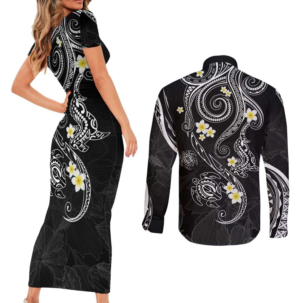 Polynesia Tribal Couples Matching Short Sleeve Bodycon Dress and Long Sleeve Button Shirt Tentacles Plumeria