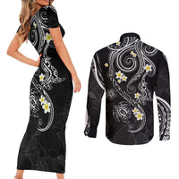Polynesia Tribal Couples Matching Short Sleeve Bodycon Dress and Long Sleeve Button Shirt Tentacles Plumeria