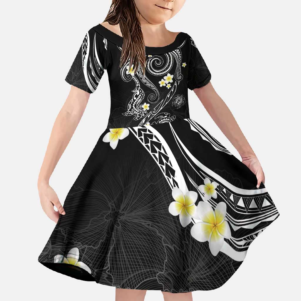 Polynesia Tribal Family Matching Mermaid Dress and Hawaiian Shirt Tentacles Plumeria LT7 Daughter's Dress Black - Polynesian Pride