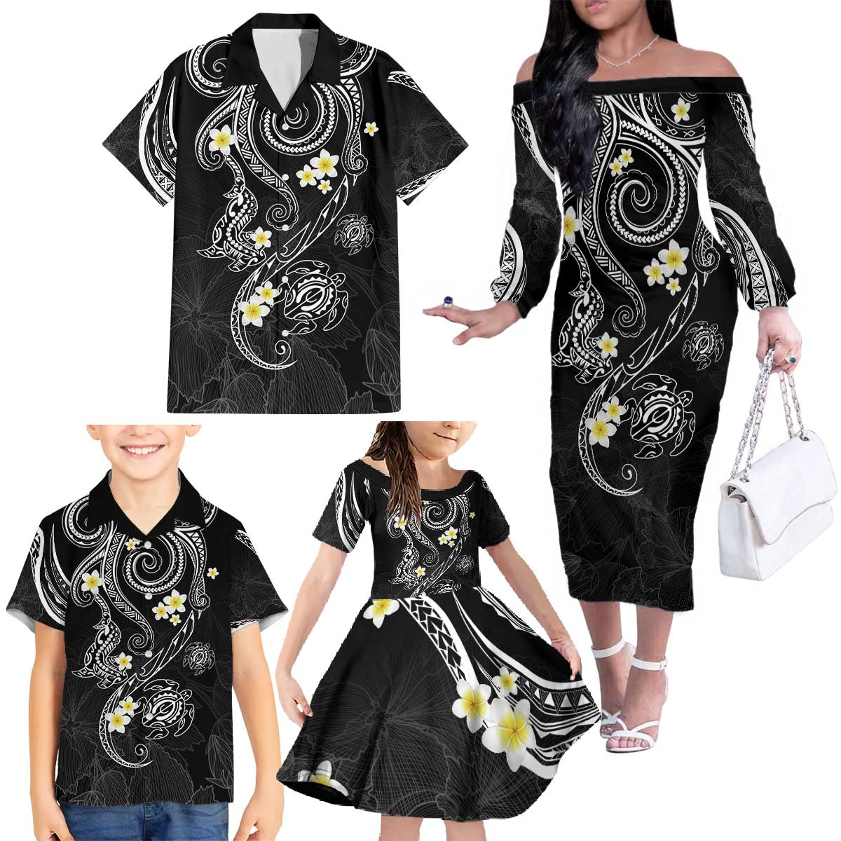 Polynesia Tribal Family Matching Off The Shoulder Long Sleeve Dress and Hawaiian Shirt Tentacles Plumeria