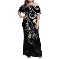 Polynesia Tribal Family Matching Off Shoulder Maxi Dress and Hawaiian Shirt Tentacles Plumeria LT7 Mom's Dress Black - Polynesian Pride