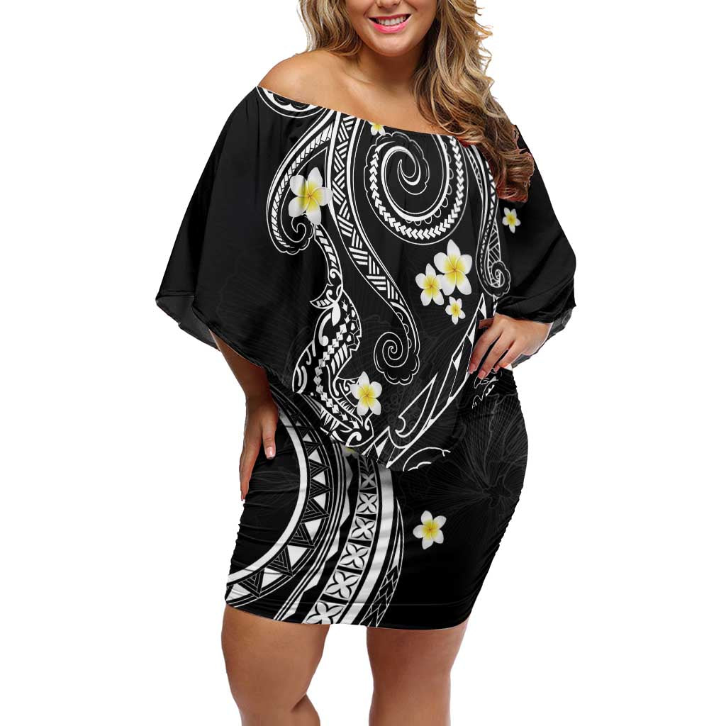 Polynesia Tribal Family Matching Off Shoulder Short Dress and Hawaiian Shirt Tentacles Plumeria LT7 Mom's Dress Black - Polynesian Pride
