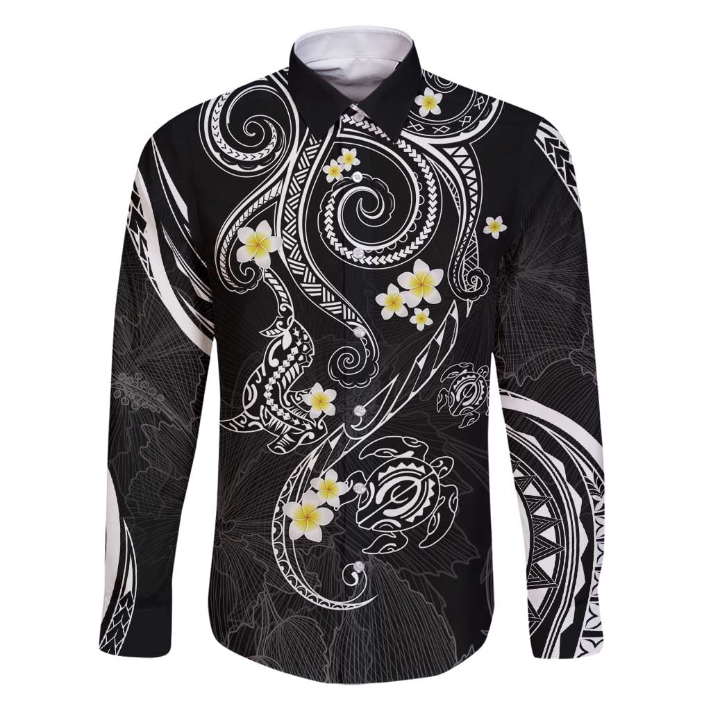 Polynesia Tribal Family Matching Puletasi and Hawaiian Shirt Tentacles Plumeria LT7 Dad's Shirt - Long Sleeve Black - Polynesian Pride