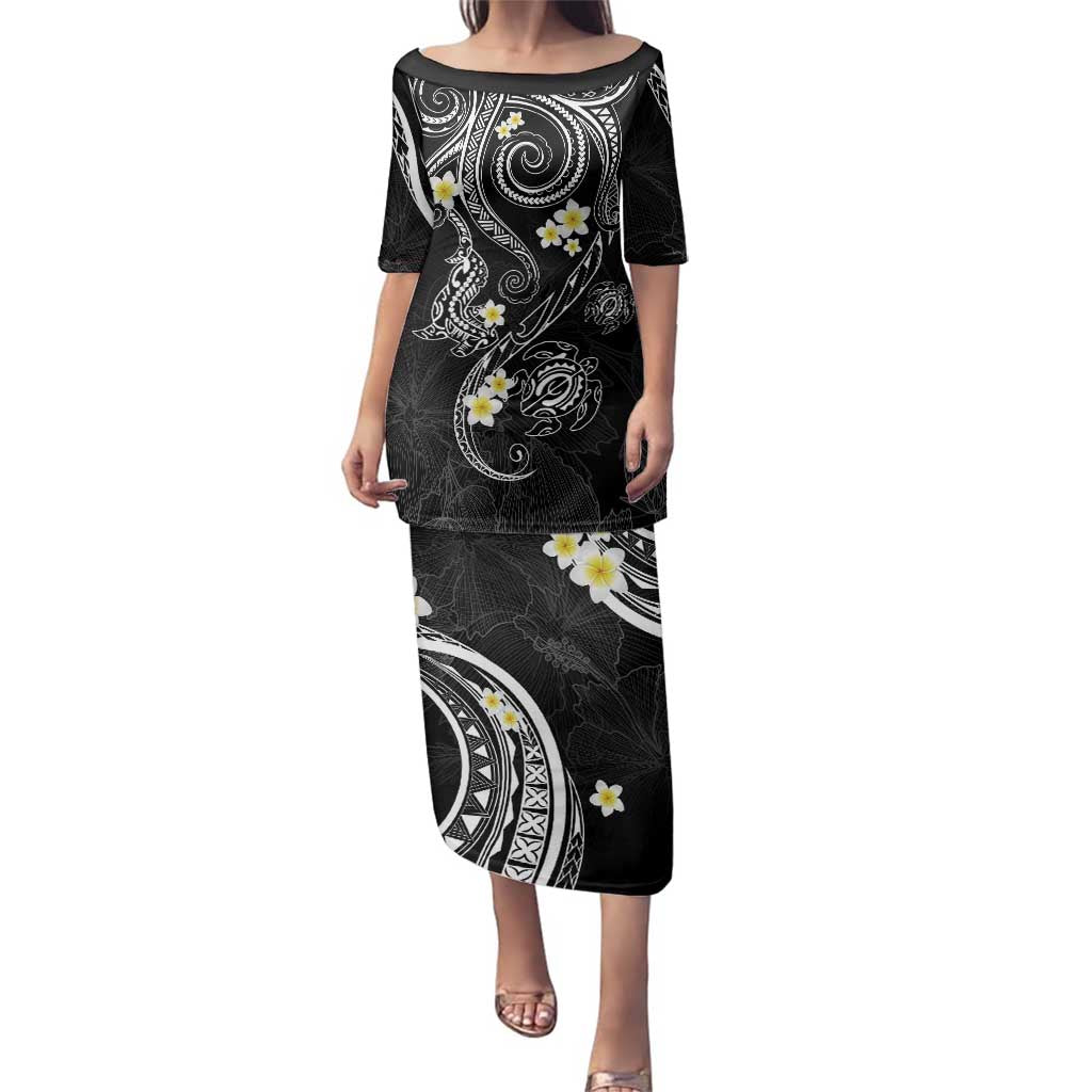 Polynesia Tribal Family Matching Puletasi and Hawaiian Shirt Tentacles Plumeria LT7 Mom's Dress Black - Polynesian Pride