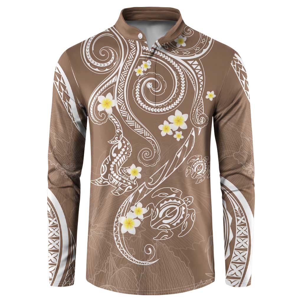 Polynesia Tribal Button Sweatshirt Mocha Plumeria Tentacles