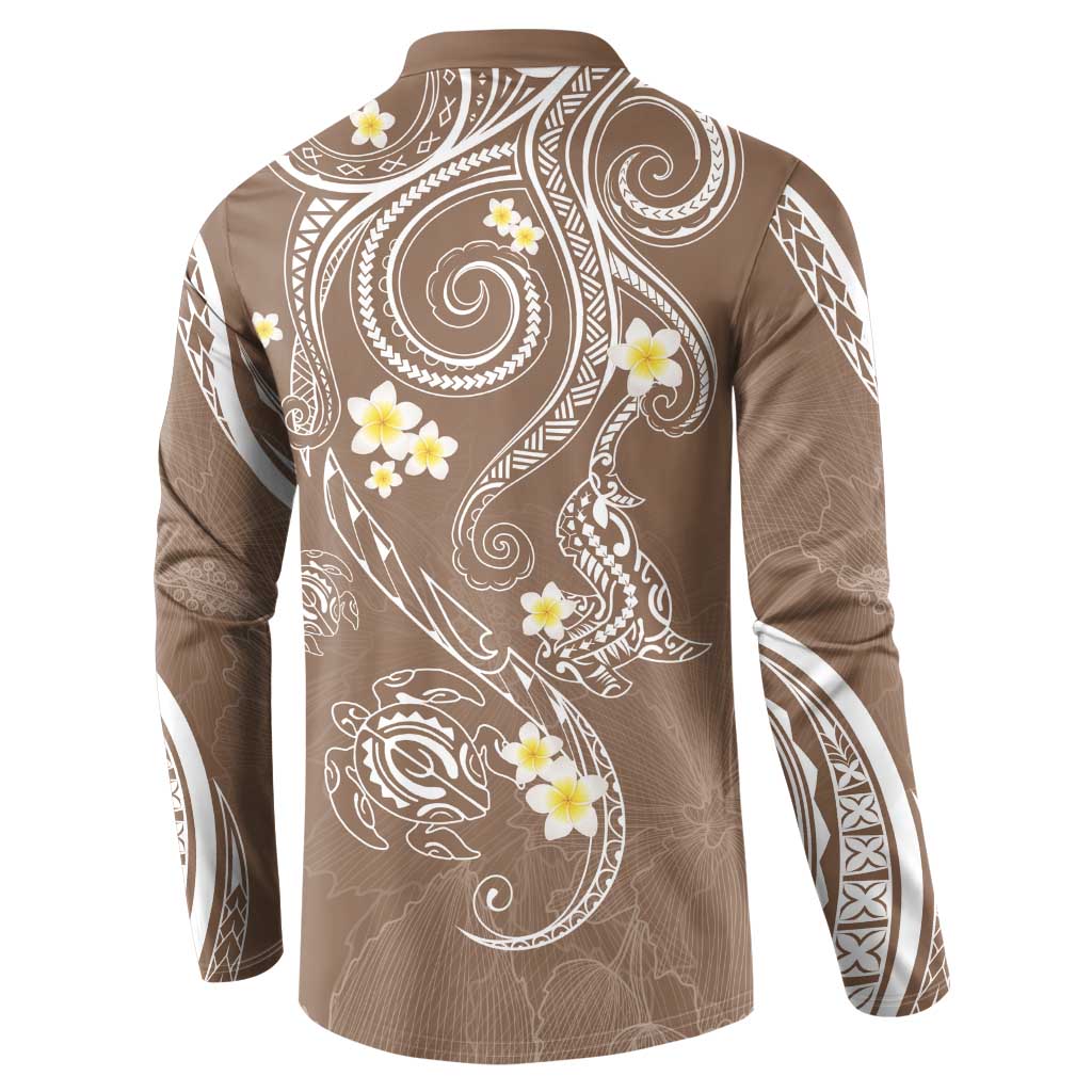Polynesia Tribal Button Sweatshirt Mocha Plumeria Tentacles