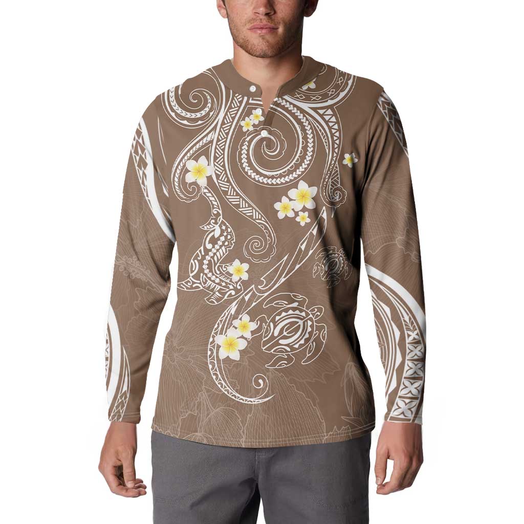 Polynesia Tribal Button Sweatshirt Mocha Plumeria Tentacles