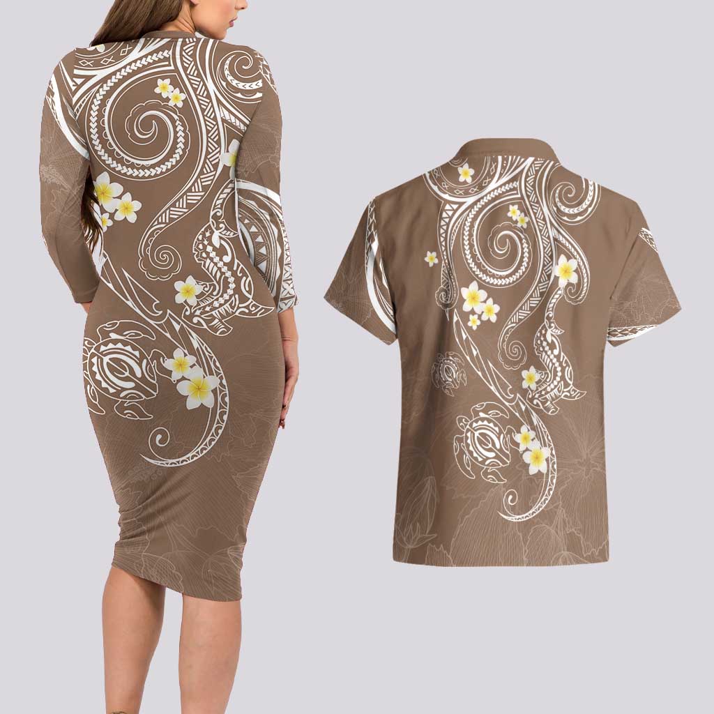 Polynesia Tribal Couples Matching Long Sleeve Bodycon Dress and Hawaiian Shirt Mocha Plumeria Tentacles LT7 - Polynesian Pride