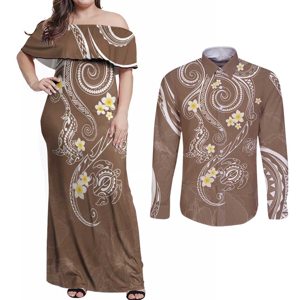 Polynesia Tribal Couples Matching Off Shoulder Maxi Dress and Long Sleeve Button Shirt Mocha Plumeria Tentacles