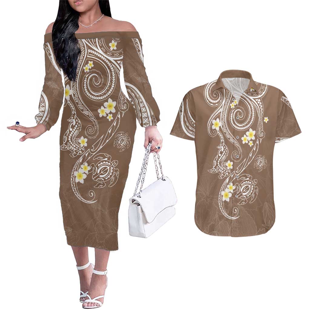 Polynesia Tribal Couples Matching Off The Shoulder Long Sleeve Dress and Hawaiian Shirt Mocha Plumeria Tentacles