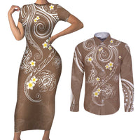 Polynesia Tribal Couples Matching Short Sleeve Bodycon Dress and Long Sleeve Button Shirt Mocha Plumeria Tentacles