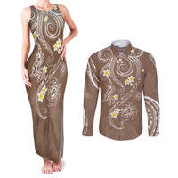 Polynesia Tribal Couples Matching Tank Maxi Dress and Long Sleeve Button Shirt Mocha Plumeria Tentacles